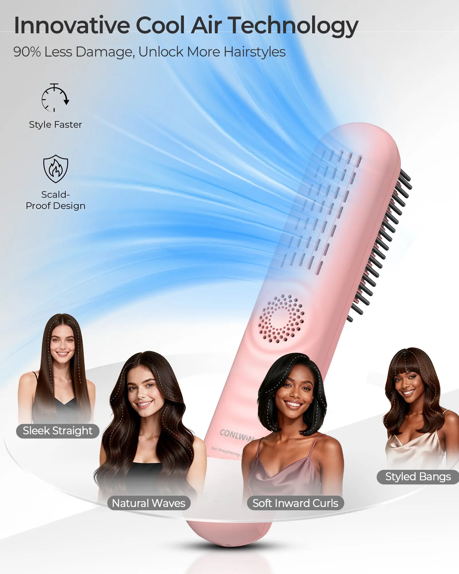 CONLWIN Cordless Straightener Brush,Mini Portable Straightener with Cool Air Setting & Hair Care,350M Negative Lons for Frizz-Free,Cordless & Corded Dual-Use,Gift