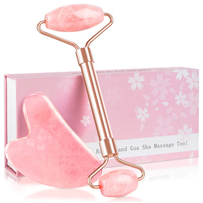 Jade Roller & Guasha Set-Facial Beauty Roller Skin Care Tools, Rose Quartz Massager for Face, Eyes, Neck, Body to Relieve Wrinkles,Fine Line and Eyepuffiness