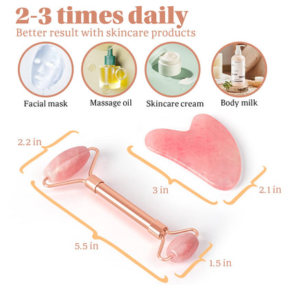 Jade Roller & Guasha Set-Facial Beauty Roller Skin Care Tools, Rose Quartz Massager for Face, Eyes, Neck, Body to Relieve Wrinkles,Fine Line and Eyepuffiness