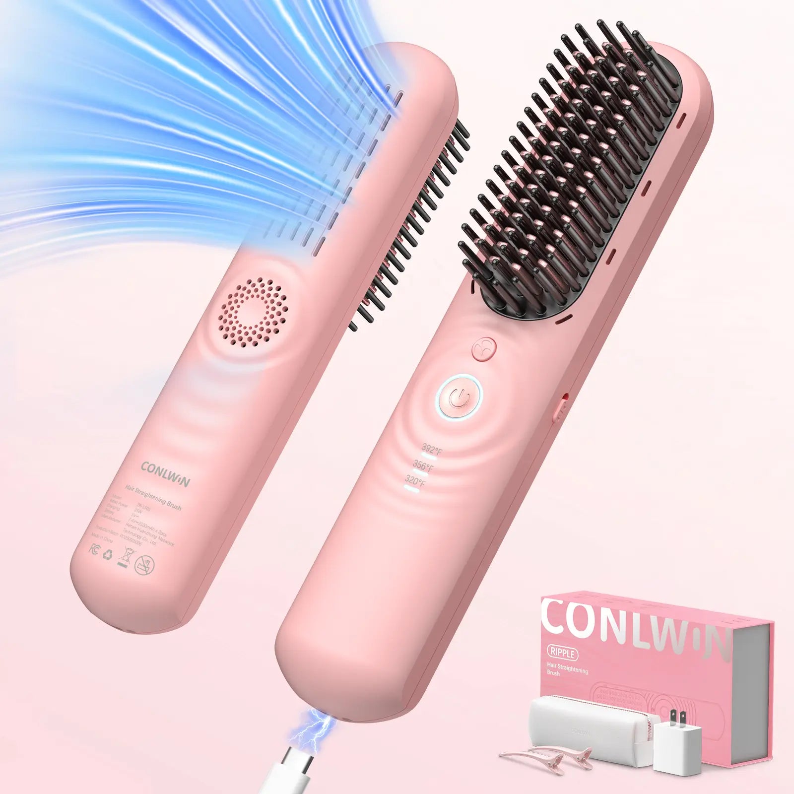 CONLWIN Cordless Straightener Brush,Mini Portable Straightener with Cool Air Setting & Hair Care,350M Negative Lons for Frizz-Free,Cordless & Corded Dual-Use,Gift