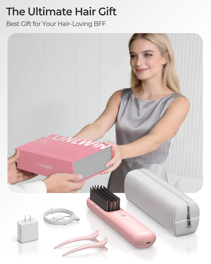 CONLWIN Cordless Straightener Brush,Mini Portable Straightener with Cool Air Setting & Hair Care,350M Negative Lons for Frizz-Free,Cordless & Corded Dual-Use,Gift